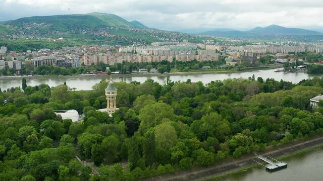 Establishing aerial view of Budapest, Hungary. Margaret Island Water Tower in summer in the focus.