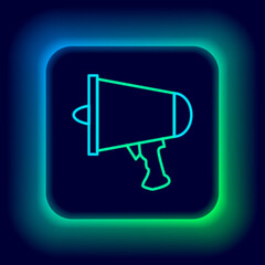 Fototapeta premium Glowing neon line Spread the word, megaphone icon isolated on black background. Colorful outline concept. Vector