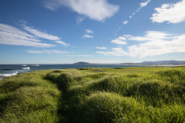 Ocean coastline with grassy fields and clouds on a sunny day.