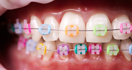 Macro snapshot of teeth and ceramic braces with colorful rubber bands on them. Concept of dentistry...