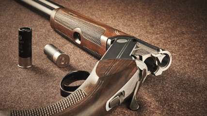 Obraz premium hunting rifle and cartridges of 12 gauge