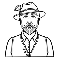 Obraz premium man with traditional Bavarian costume. hat, beard, vest, bavaria, avatar, outline, monochrome.