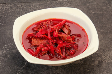 Russian traditional Borsch soup with cabbage