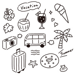 リゾート旅行の食べ物やアイテムのセット　線のみ