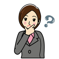 イラスト素材　疑問戸惑いを感じる若いスーツの女性のイラスト　白バック