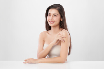 Obraz premium Beautiful young asian woman with clean fresh skin on white background, Face care, Facial treatment, Cosmetology, beauty and spa, Asian women portrait