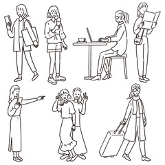 旅行を楽しむ若い女性のセット　線のみ