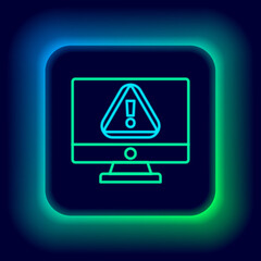 Glowing neon line Computer monitor with exclamation mark icon isolated on black background. Alert message smartphone notification. Colorful outline concept. Vector