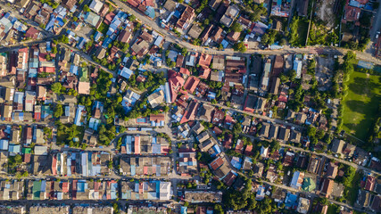 An aerial top down view of houses at Kampung Baru, Kuala Lumpur, Malaysia