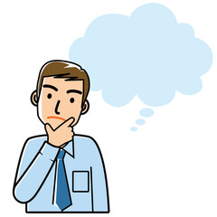イラスト素材　疑問戸惑いを感じる若い男性のイラスト　ワイシャツ　ネクタイ吹き出し　白バック