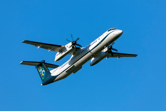 Luqa, Malta - January 9, 2020: Olympic Bombardier DHC-8-402 Q400 (SX-OBF) on departure from runway 13 to Athens.