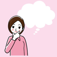 イラスト素材　疑問戸惑いを感じる若い女性のイラスト　ブラウス　吹き出し背景アリ