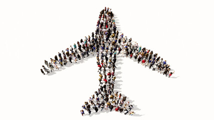 Concept conceptual large community of people forming the airplane sign. 3d illustration metaphor for modern, fast, comfortable and  secure transportation, holiday and business