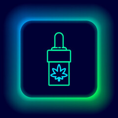 Glowing neon line Medical marijuana or cannabis leaf olive oil drop icon isolated on black background. Cannabis extract. Hemp symbol. Colorful outline concept. Vector