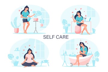 Self care, love yourself concept set. Motivation to take time for yourself with plants,  yoga exercise, on bath, beauty making. Vector flat collection illustration. Design  for banner, landing page