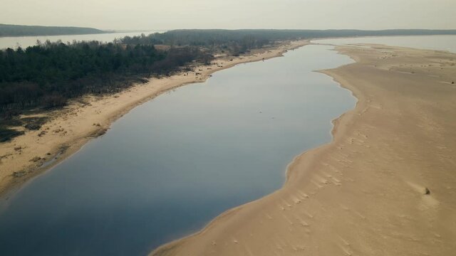 Vistula River Mouth And Dunes At Mewia Lacha Nature Reserve In Sobieszewo Island, Bay Of Gdansk, Baltic Sea, Poland. - Pullback Shot