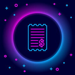 Glowing neon line Paper check and financial check icon isolated on black background. Paper print check, shop receipt or bill. Colorful outline concept. Vector