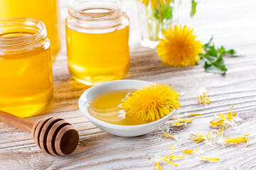 Fototapeta na wymiar Homemade dandelion honey or syrup in jar. Concept of natural, countryside, organic and healthy product