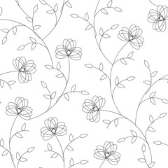 Black and white simple floral print, seamless pattern with stylized flowers in folk style. Vector linear art for fabric and paper.
