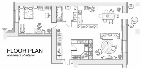 Planning of the apartment with arrangement furniture. Architectural drawing of the house (top view). Interior design  floor plan from above. Vector layout