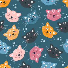 Funny cute colorful faces of cats on a blue background. Vector seamless pattern in flat cartoon style. Decor for children's posters, postcards, clothing and interior decoration