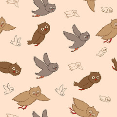 Obraz premium Cute, brown flying hand drawn owl pattern, vector illustrations