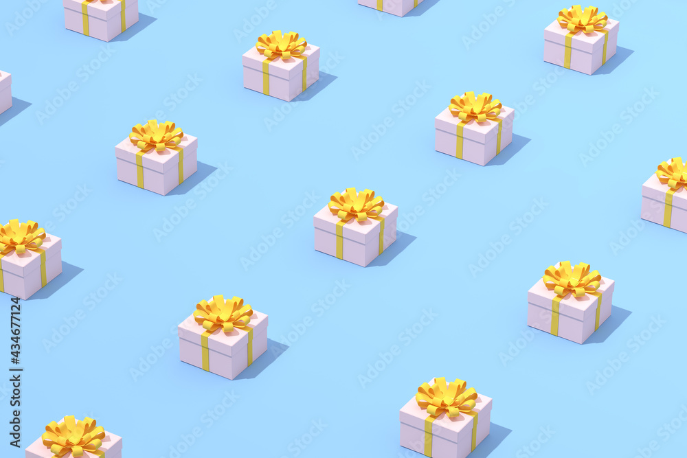 Poster minimal trendy scene of gift boxes pattern on blue background, 3d rendering.