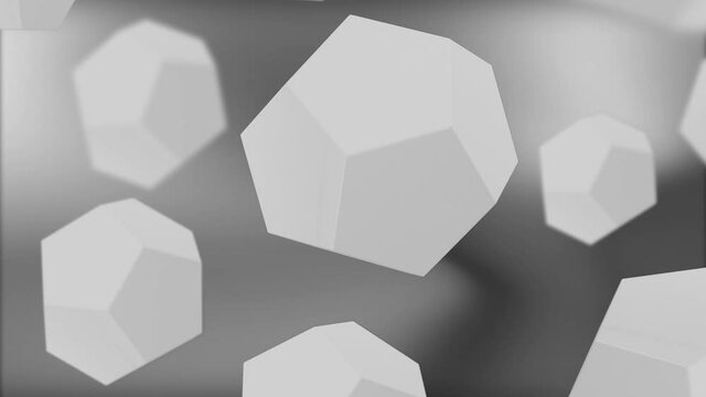 Abstract stones fly on isolated background. Motion. 3D models of stones levitate in computer space. Template with 3d models of flying stones