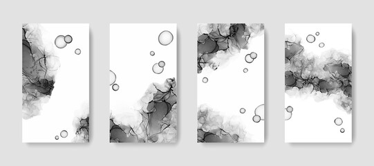 Abstract contrast black alcohol ink background, liquid organic bubbles design, popular trendy texture for social media or brochures, cover design layout for web design, fluid graphics, hand drawn