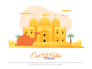 Islamic vector illustration concept for Eid Al Adha with camel on desert background and mosque.