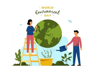 Vector illustration concept for world environment day with male and female characters working together to protect and care for the earth.