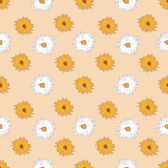 Fototapeta na wymiar White and orange flowers on a soft beige background. Flower meadow. Seamless pattern in summer style. For textiles, wallpapers and backgrounds.