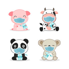 Cute animal cartoon wear a mask and wash hands.