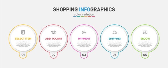 Concept of shopping process with 5 successive steps. Five colorful graphic elements. Timeline design for brochure, presentation, web site. Infographic design layout.