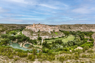 Fototapeta na wymiar Panoramic view of Jorquera small village in a River Jucar meander, Albacete province, Spain