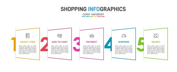 Concept of shopping process with 5 successive steps. Five colorful graphic elements. Timeline design for brochure, presentation, web site. Infographic design layout.