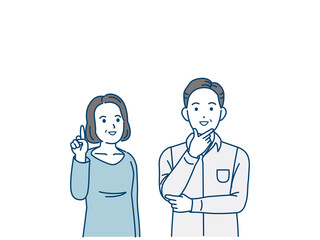 Fototapeta premium 中高年の夫婦 上を見る なるほど 上を指す ポーズ 男女 ミドル コピースペース イラスト素材