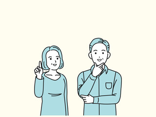 中高年の夫婦　上を見る　なるほど　上を指す　ポーズ　男女　ミドル　コピースペース　イラスト素材