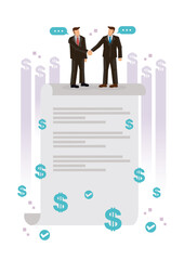 Business people standing on a signed contract. Concept business contract agreement.