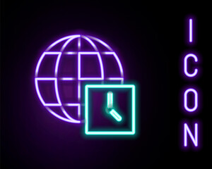 Glowing neon line World time icon isolated on black background. Clock and globe. Colorful outline concept. Vector