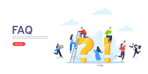Q and A or FAQ concept with tiny people characters, big question and exclamation mark, frequently asked questions template. Answers business support concept flat style design vector illustration.