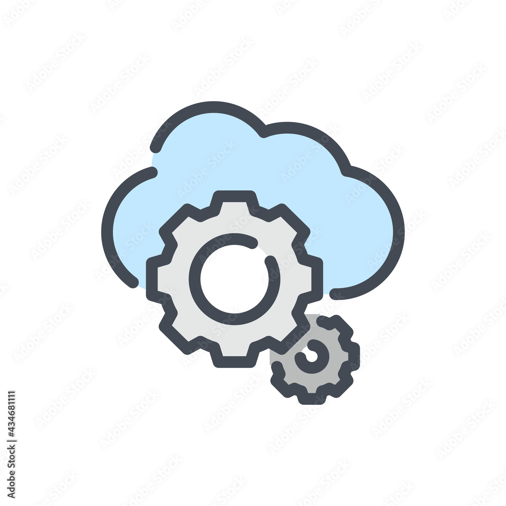 Poster cloud network settings color line icon. cloud service with gears vector outline colorful sign.
