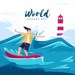 Vector illustration concept for world ocean day with the character of a surfer surfing the big waves.