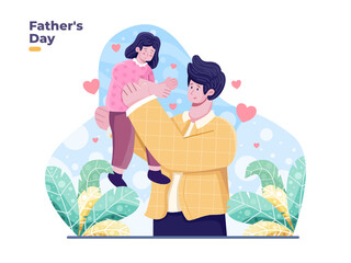 Father's Day vector flat illustration. Happy Father day with dad hold the girl and loving him. Dad playing with the children. Can be used for greeting card, invitation, banner, poster, web, postcard.
