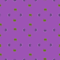 Geometric style seamless nature pattern with doodle liittle palm licuala ornament. Purple background.
