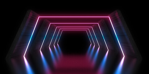 3D abstract background with neon lights. neon tunnel .space construction . 3d illustration