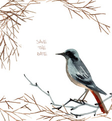 Watercolor bird on tree branch