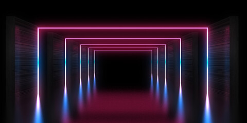 3D abstract background with neon lights. neon tunnel .space construction . 3d illustration
