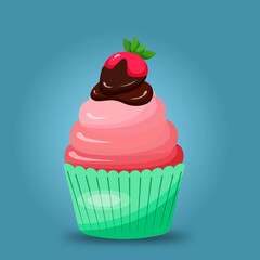 Cupcakes on a blue background. Icons. Isolated. Sweet pastries with chocolate and strawberries. Vector illustration. 3D.