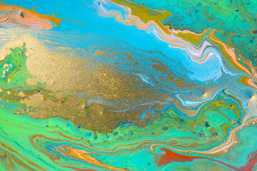 Fototapeta na wymiar Marble blue and green abstract background in sea style. Liquid pattern with golden glitter.